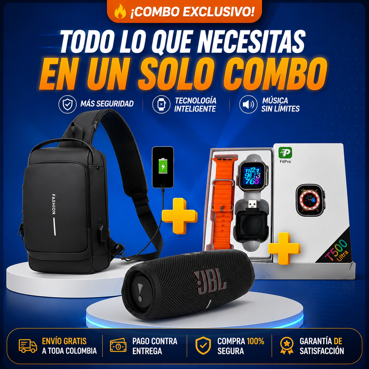 🔥 ¡Combo Exclusivo! Canguro Antirrobo + Smartwatch T500 + Parlante JBL con Envío Gratis a Toda Colombia.